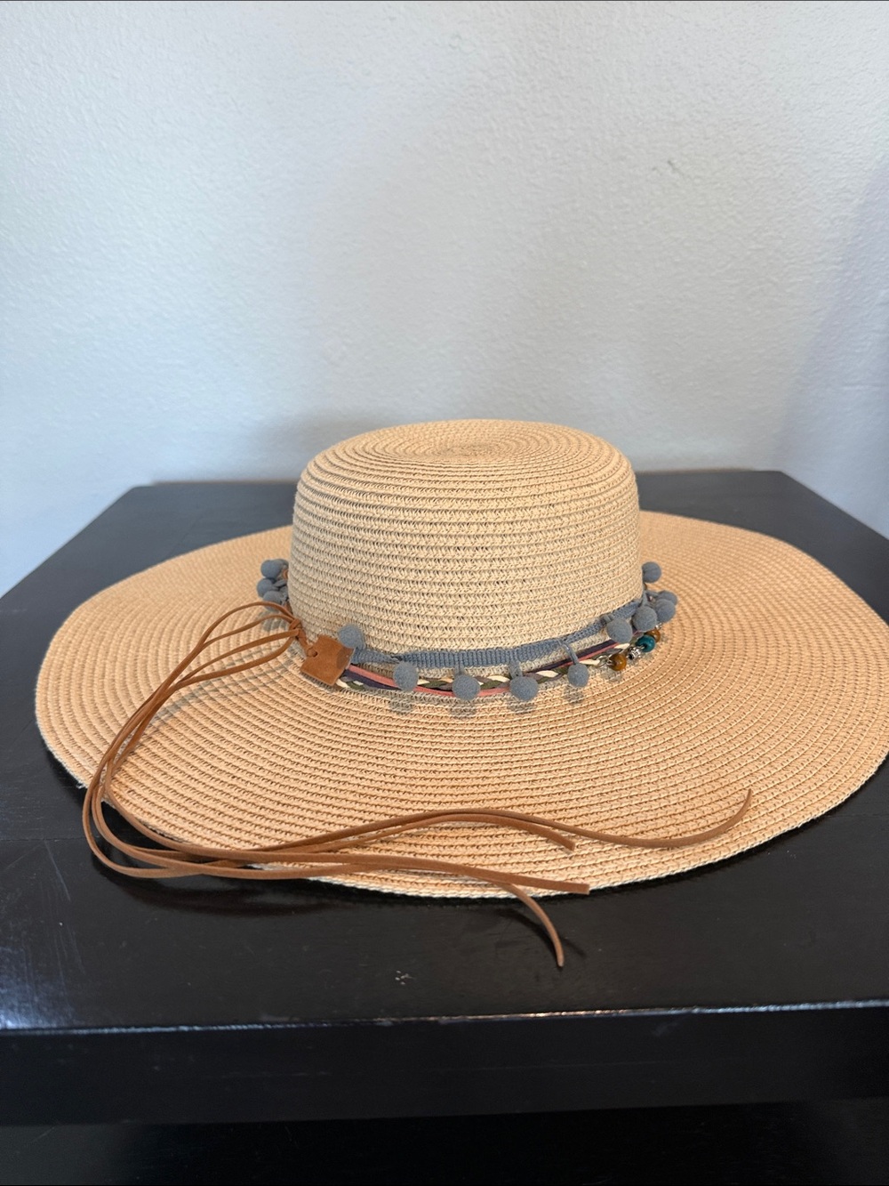Straw Wide-Brim Sun Hat with Grey Pom Trim